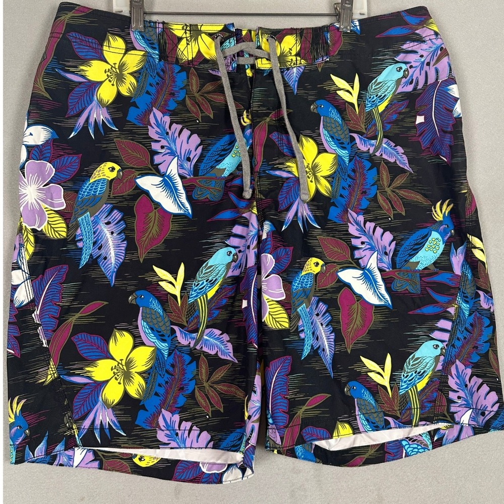 Old Navy Board Shorts Mens XL Black Multi Tropical Parrot Floral Swim Trunks EUC